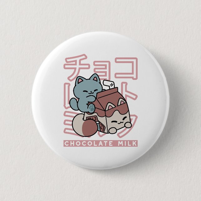 Kawaii Cat with Chocolate Milk – Japanese Pop Art  6 Cm Round Badge (Front)