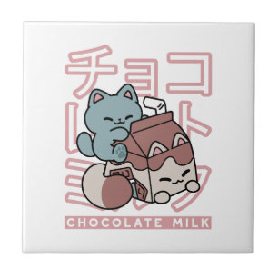 Kawaii Cat with Chocolate Milk – Japanese Pop Art Ceramic Tile