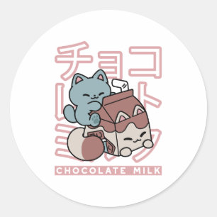 Kawaii Cat with Chocolate Milk – Japanese Pop Art  Classic Round Sticker