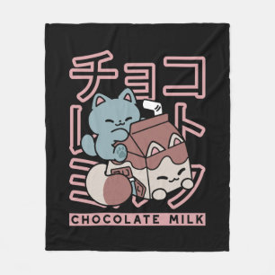 Kawaii Cat with Chocolate Milk – Japanese Pop Art Fleece Blanket