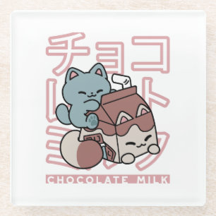 Kawaii Cat with Chocolate Milk – Japanese Pop Art  Glass Coaster