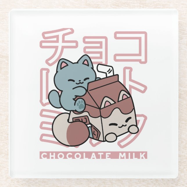 Kawaii Cat with Chocolate Milk – Japanese Pop Art  Glass Coaster (Front)