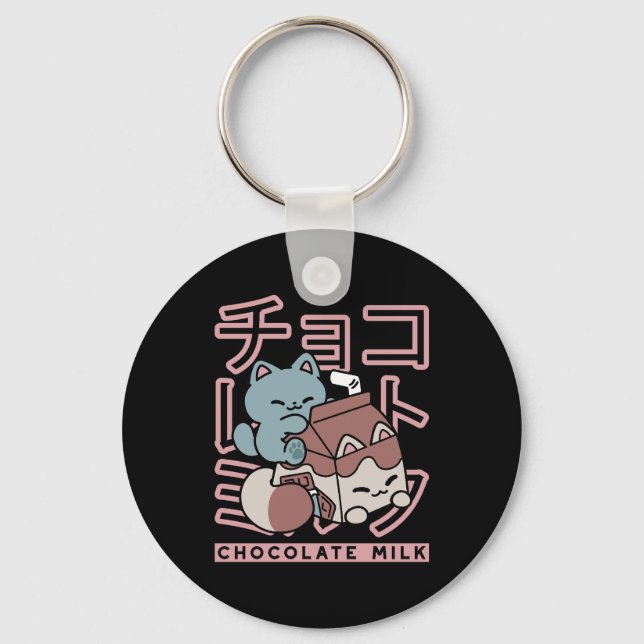 Kawaii Cat with Chocolate Milk – Japanese Pop Art  Key Ring (Front)