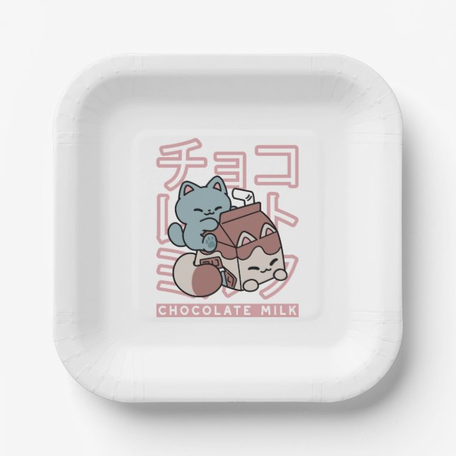 Kawaii Cat with Chocolate Milk – Japanese Pop Art  Paper Plate (Front)