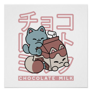 Kawaii Cat with Chocolate Milk – Japanese Pop Art  Poster