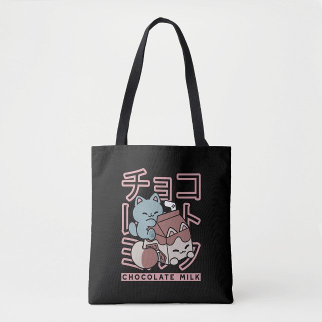 Kawaii Cat with Chocolate Milk – Japanese Pop Art  Tote Bag (Front)