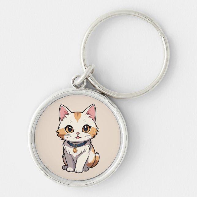 Kawaii Cat with Feline Charm Key Ring (Front)