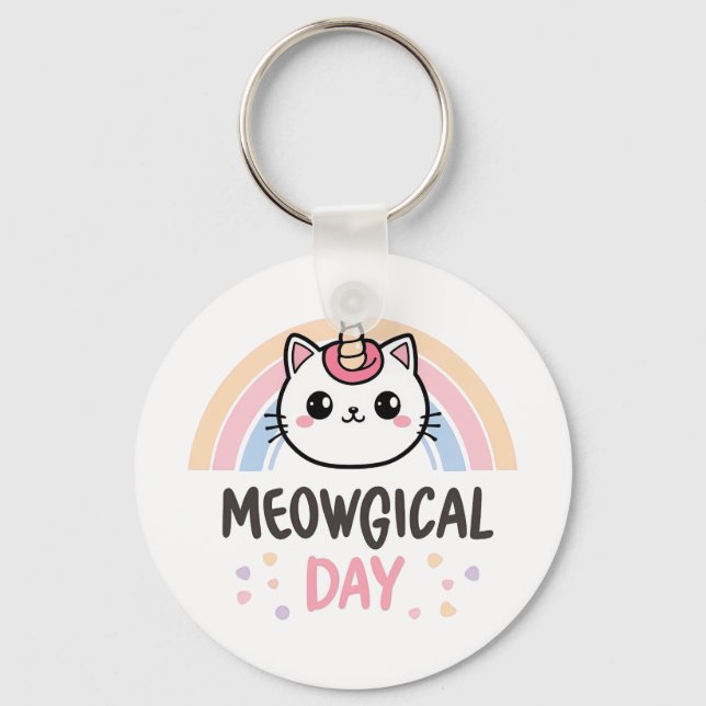 Kawaii Caticorn with Pastel Rainbow Key Ring (Front)
