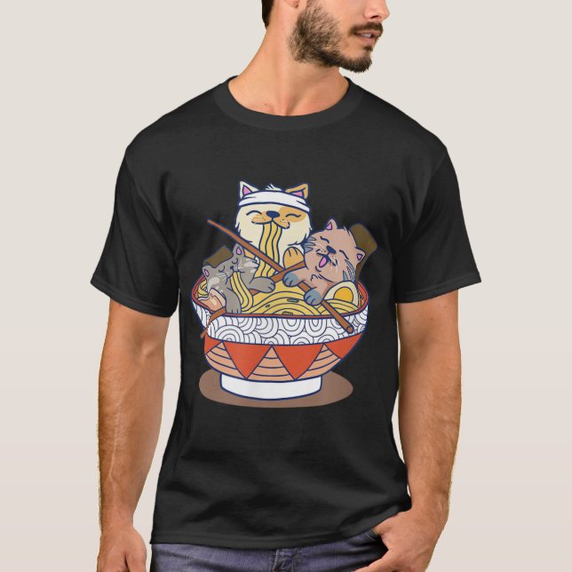 Kawaii Cats Anime Japanese Ramen Noodles T-Shirt (Front)