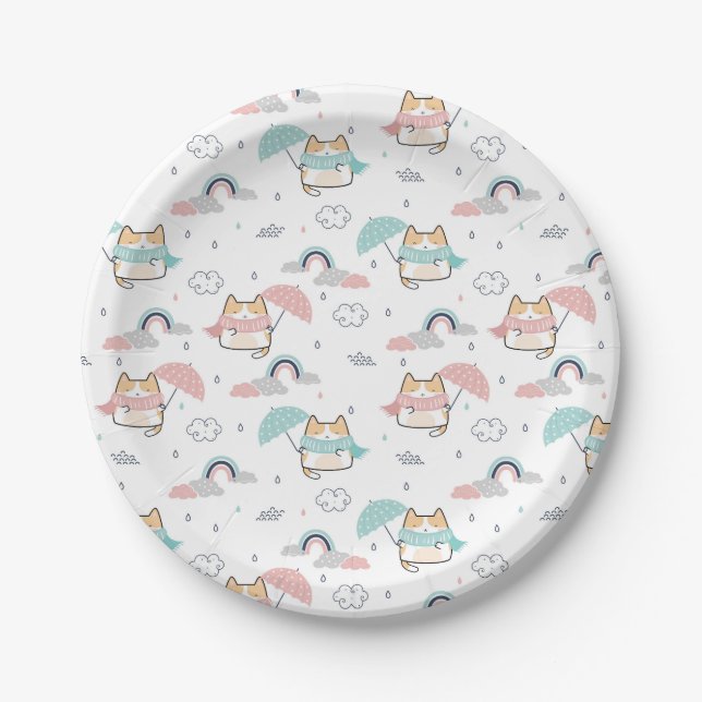 Kawaii Cats Rainy Day Pattern Paper Plates (Front)