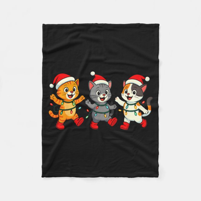 Kawaii Cats Santa Hat Dancing Lights Christmas Dan Fleece Blanket (Front)