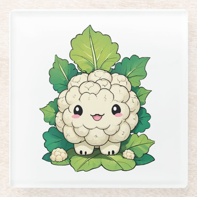 Kawaii Cauliflower Glass Coaster (Front)
