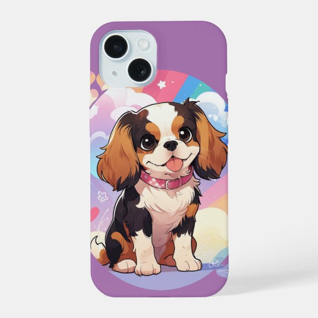Kawaii Cavalier King Charles Pastel Rainbow iPhone 15 Case (Back)