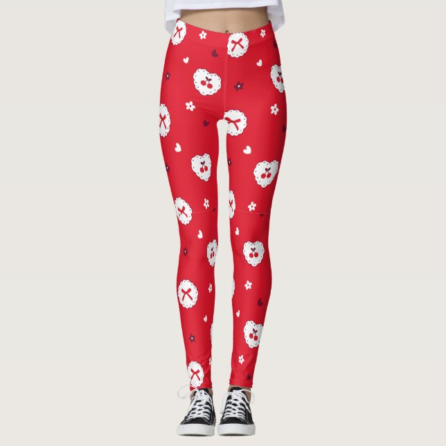 Kawaii Cherries and Bows Pattern Leggings (Front)