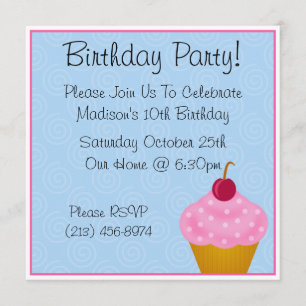 Kawaii Cherry Cupcake Birthday Party Invitations