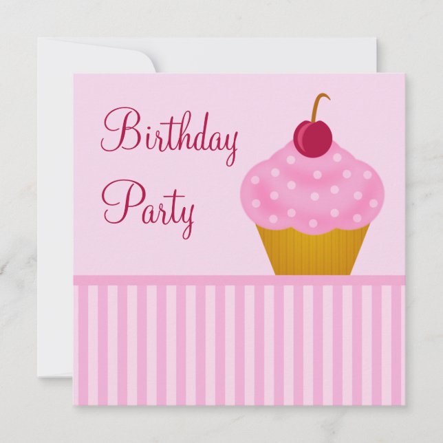 Kawaii Cherry Cupcake Birthday Party Invitations (Front)