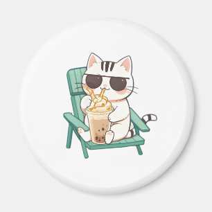 Kawaii Chibi Cat in Sunglasses Drinking Frappè Magnet