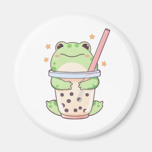 Kawaii Chibi Frog Hugging Bubble Tea Cup Magnet (Front)