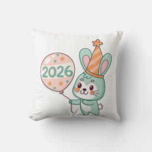 Kawaii Chibi Rabbit Mascot Holding 2026 Balloons Cushion