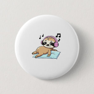Kawaii Chibi Sloth Listening to Music � Cute Relax 6 Cm Round Badge