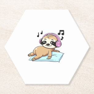 Kawaii Chibi Sloth Listening to Music � Cute Relax Paper Coaster