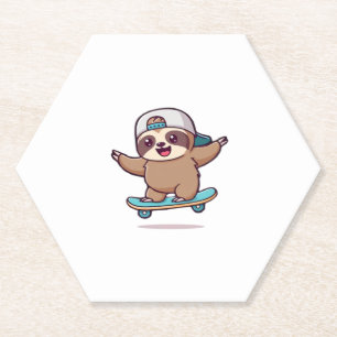 Kawaii Chibi Sloth Skater � Cute Funny Skateboardi Paper Coaster