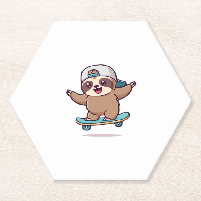 Kawaii Chibi Sloth Skater � Cute Funny Skateboardi Paper Coaster (Front)