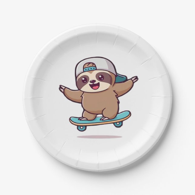 Kawaii Chibi Sloth Skater � Cute Funny Skateboardi Paper Plate (Front)