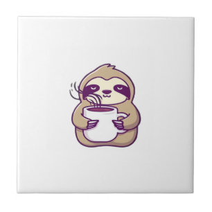 Kawaii Chibi Sloth with Coffee Mug � Cute Sleepy A Ceramic Tile