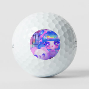 Kawaii Chibi Sparklecore Girl with Rainbow Puppy Golf Balls
