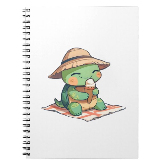 Kawaii Chibi Turtle in Straw Hat Eating Ice Cream  Notebook (Front)