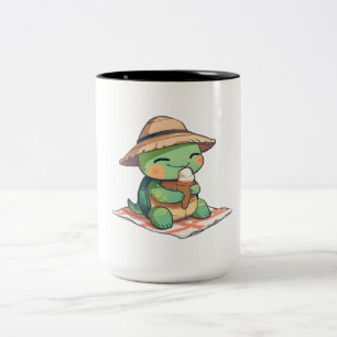 Kawaii Chibi Turtle in Straw Hat Eating Ice Cream  Two-Tone Coffee Mug