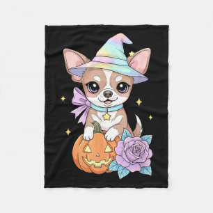 Kawaii Chihuahua Puppy Witch Pumpkin Halloween Fleece Blanket