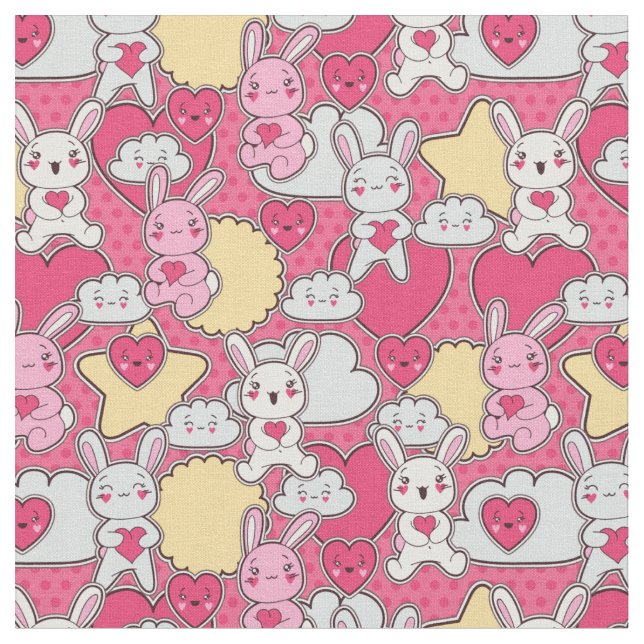 Kawaii Child Pattern with Cute Doodles 2 Fabric (Close Up)