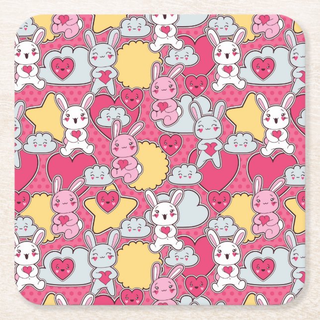 Kawaii Child Pattern with Cute Doodles 2 Square Paper Coaster (Front)