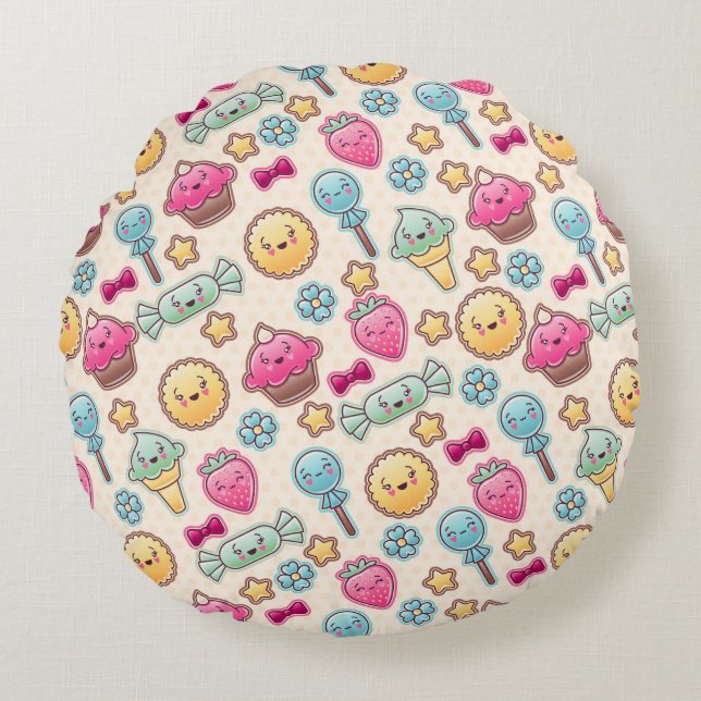 Kawaii child pattern with cute doodles round cushion (Front)