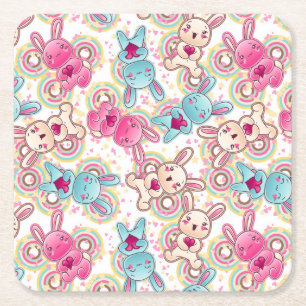 Kawaii Child Pattern with Cute Doodles Square Paper Coaster