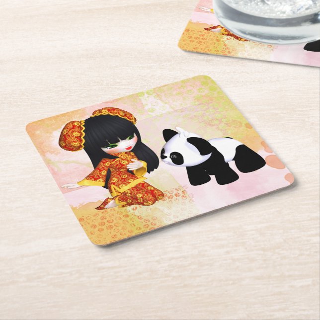 Kawaii China Girl Square Paper Coaster (Angled)