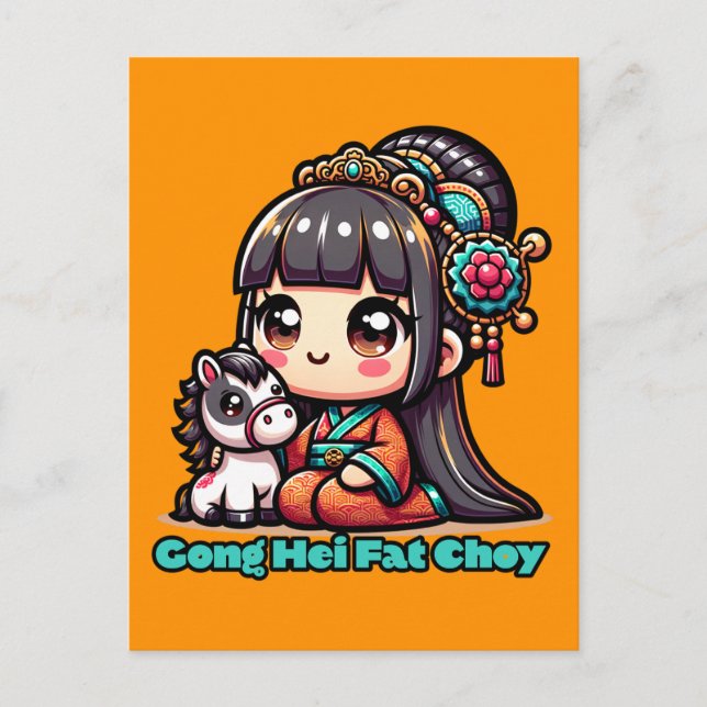 Kawaii Chinese New Year Horse and Girl Postcard (Front)