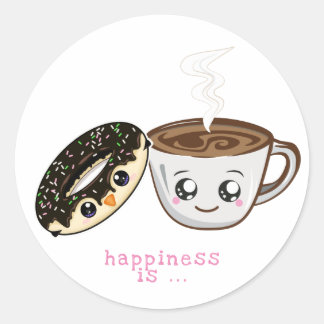 kawaii chocolate doughnut and hot coffee classic round sticker