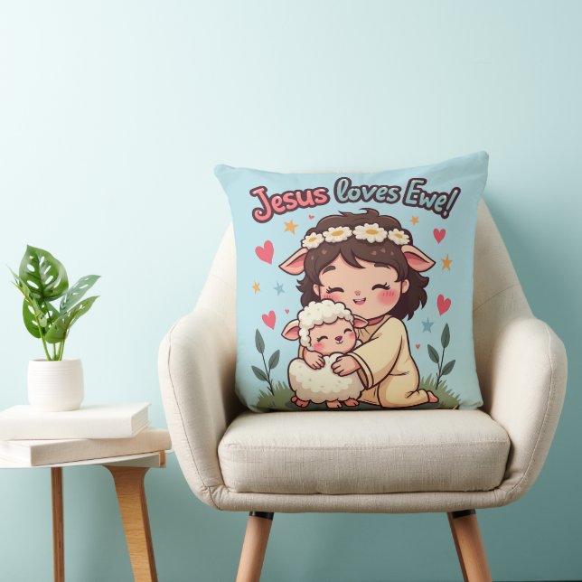 Kawaii Christian "Jesus Loves Ewe" Pastel Design Cushion (Chair)