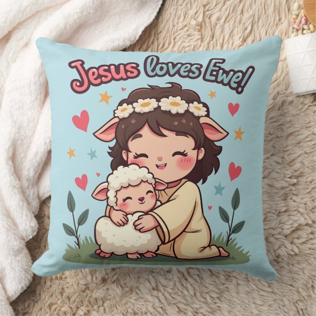 Kawaii Christian "Jesus Loves Ewe" Pastel Design Cushion (Blanket)