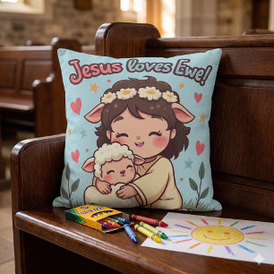 Kawaii Christian "Jesus Loves Ewe" Pastel Design Cushion
