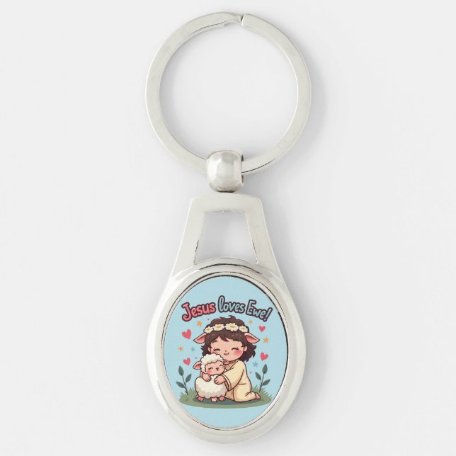 Kawaii Christian "Jesus Loves Ewe" Pastel Design Key Ring (Front)