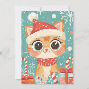 Kawaii Christmas Cat  Candy Cane Gifts Custom Text Holiday Card