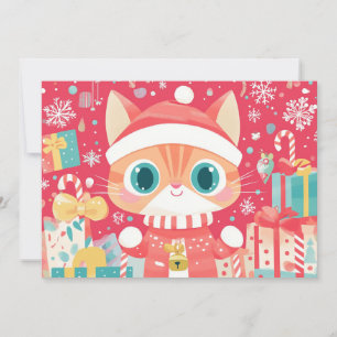 Kawaii Christmas Cat Festive Gifts Snowflakes Holiday Card