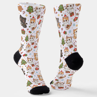 Kawaii Christmas Cats Holiday Pattern Crew Socks