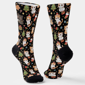 Kawaii Christmas Cats Holiday Pattern Crew Socks