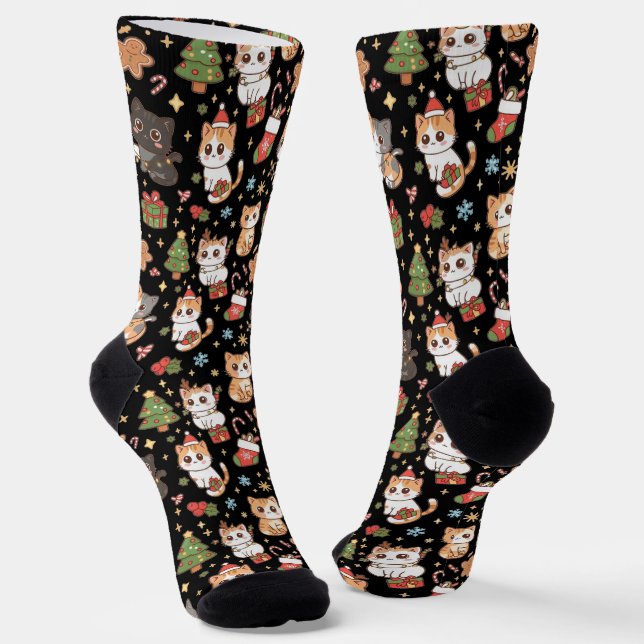 Kawaii Christmas Cats Holiday Pattern Crew Socks (Angled)