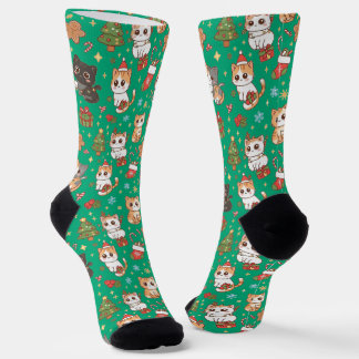 Kawaii Christmas Cats Holiday Pattern Crew Socks